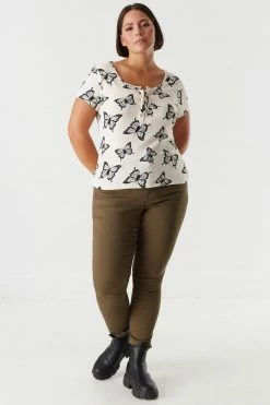 Stitches Ladies Plus Size Butterfly Printed Lace-Up Front T-Shirt Tops