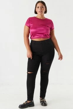 Urban Ladies Plus Plus Size Satin Wrap Tie Cropped Top Tops