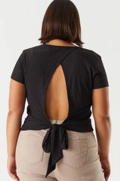 Stitches Ladies Plus Size Soft Ribbed Self-Tie Open Back Top