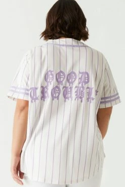 Stitches Ladies Plus Size Trouble Graphic Button-Up Baseball Jersey Tops
