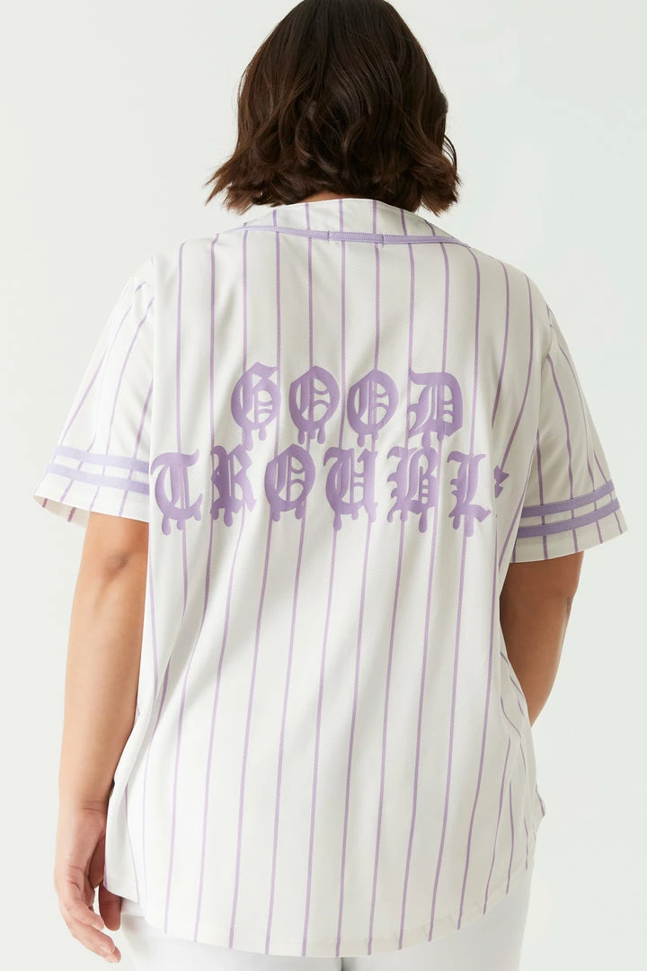 Stitches Ladies Plus Size Trouble Graphic Button-Up Baseball Jersey Tops 2 Stitches Ladies Plus Size Trouble Graphic Button-Up Baseball Jersey Tops