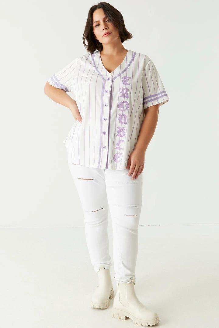 Stitches Ladies Plus Size Trouble Graphic Button-Up Baseball Jersey Tops 3 Stitches Ladies Plus Size Trouble Graphic Button-Up Baseball Jersey Tops