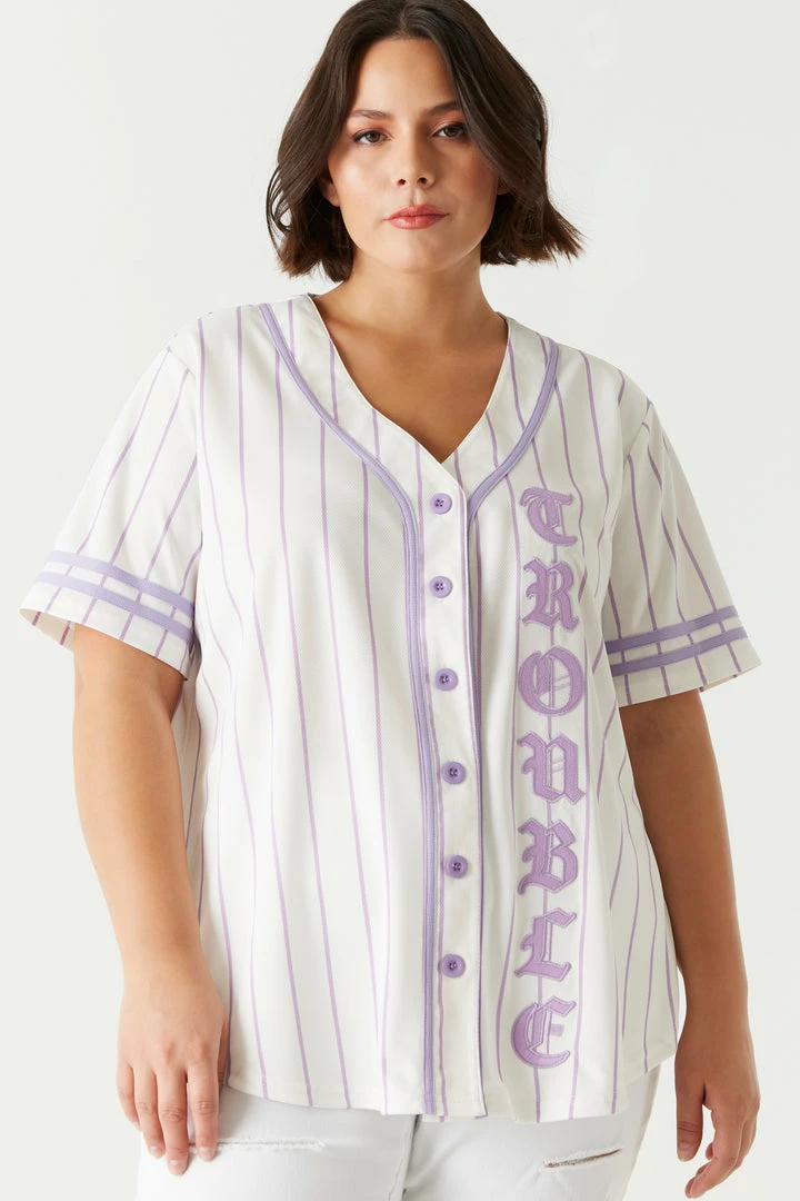 Stitches Ladies Plus Size Trouble Graphic Button-Up Baseball Jersey Tops 1 Stitches Ladies Plus Size Trouble Graphic Button-Up Baseball Jersey Tops