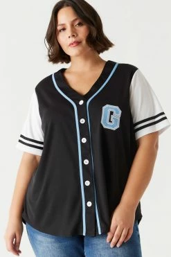 Stitches Ladies Plus Size Game On Graphic Button-Up Baseball Jersey