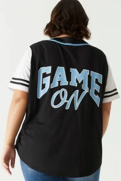 Stitches Ladies Plus Size Game On Graphic Button-Up Baseball Jersey