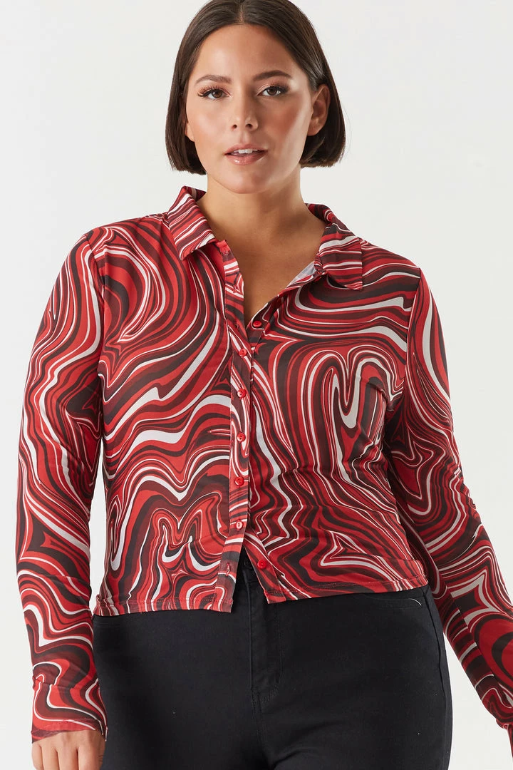 Urban Ladies Plus Plus Size Mesh Marble Printed Button-Up Top 1 Urban Ladies Plus Plus Size Mesh Marble Printed Button-Up Top