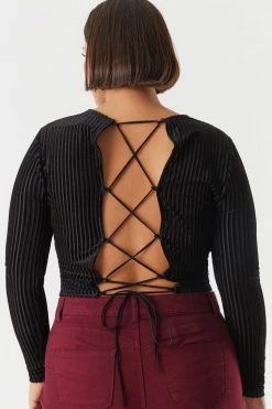 Urban Ladies Plus Tops Plus Size Ribbed Velvet Lace-Up Open Back Top