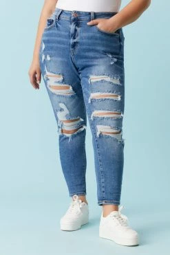 Stitches Ladies Bottoms Plus Size Distressed Medium Wash Boyfriend Jean