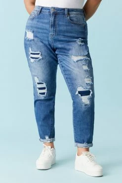 Stitches Ladies Bottoms Plus Size Repaired Dark Wash Mom Jean