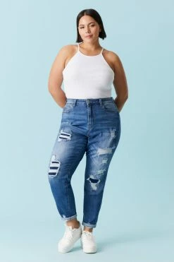 Stitches Ladies Bottoms Plus Size Repaired Dark Wash Mom Jean