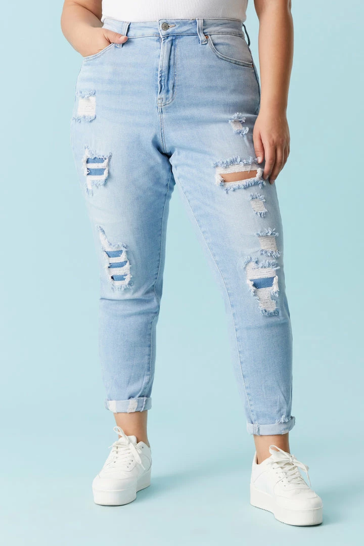 Stitches Ladies Plus Size Repaired Light Wash Mom Jean Bottoms 2 Stitches Ladies Plus Size Repaired Light Wash Mom Jean Bottoms