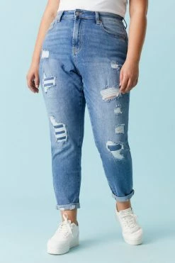 Stitches Ladies Plus Size Repaired Medium Wash Mom Jean Bottoms