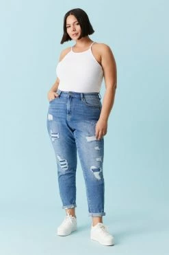 Stitches Ladies Plus Size Repaired Medium Wash Mom Jean Bottoms