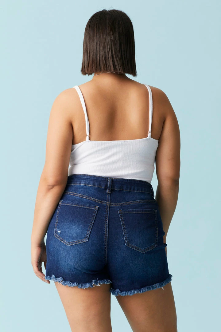 Stitches Ladies Plus Size Dark Wash Distressed Raw Hem Denim Short 2 Stitches Ladies Plus Size Dark Wash Distressed Raw Hem Denim Short