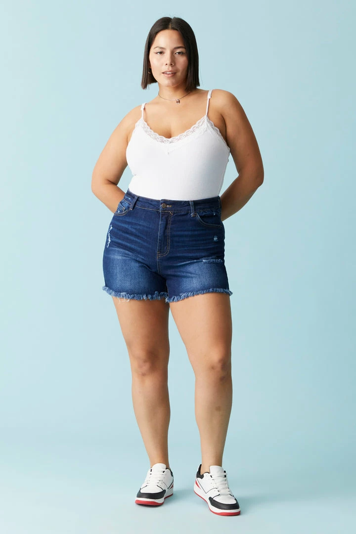 Stitches Ladies Plus Size Dark Wash Distressed Raw Hem Denim Short 3 Stitches Ladies Plus Size Dark Wash Distressed Raw Hem Denim Short