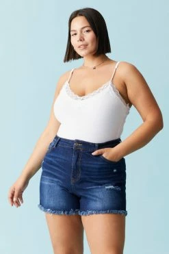 Stitches Ladies Plus Size Dark Wash Distressed Raw Hem Denim Short