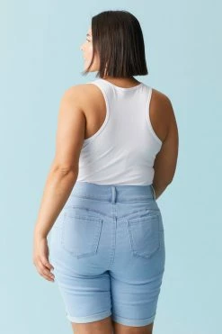 Stitches Ladies Plus Size Light Wash Double Button-Up Bermuda Denim Short Bottoms