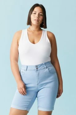 Stitches Ladies Plus Size Light Wash Double Button-Up Bermuda Denim Short Bottoms