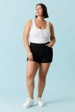 Stitches Ladies Bottoms Plus Size Distressed Rolled Hem Black Denim Short