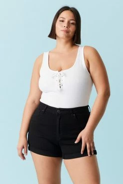 Stitches Ladies Bottoms Plus Size Distressed Rolled Hem Black Denim Short