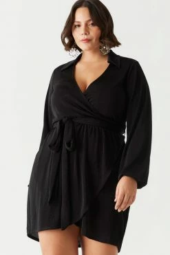 Stitches Ladies Plus Size Velvet Self-Tie Long Sleeve Tulip Dress Black Dresses