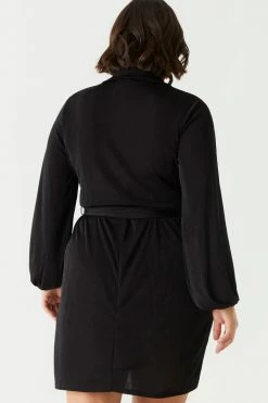 Stitches Ladies Plus Size Velvet Self-Tie Long Sleeve Tulip Dress Black Dresses