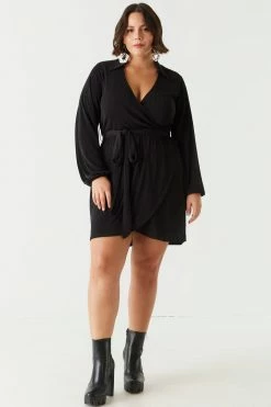 Stitches Ladies Plus Size Velvet Self-Tie Long Sleeve Tulip Dress Black Dresses