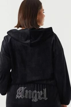 Urban Ladies Plus Plus Size Velour Rhinestone Graphic Angel Zip-Up Cropped Hoodie