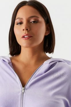 Urban Ladies Plus Plus Size Velour Rhinestone Graphic Zip-Up Cropped Hoodie Tops