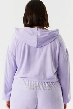Urban Ladies Plus Plus Size Velour Rhinestone Graphic Zip-Up Cropped Hoodie Tops