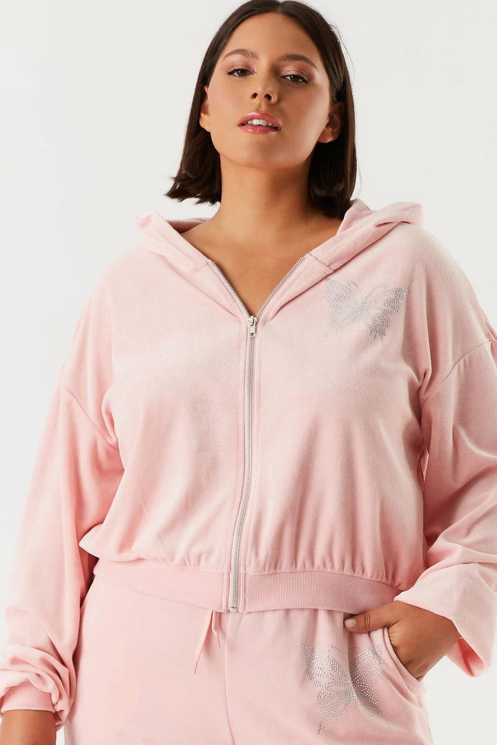 Urban Ladies Plus Plus Size Velour Rhinestone Graphic Butterfly Zip-Up Cropped Hoodie Tops 1 Urban Ladies Plus Plus Size Velour Rhinestone Graphic Butterfly Zip-Up Cropped Hoodie Tops