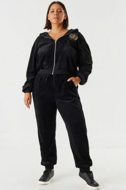 Urban Ladies Plus Plus Size Velour Rhinestone Graphic Angel Jogger Bottoms