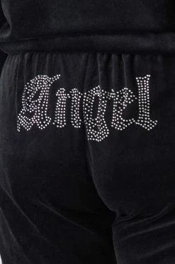 Urban Ladies Plus Plus Size Velour Rhinestone Graphic Angel Jogger Bottoms