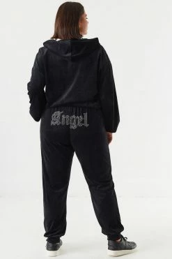 Urban Ladies Plus Plus Size Velour Rhinestone Graphic Angel Jogger Bottoms