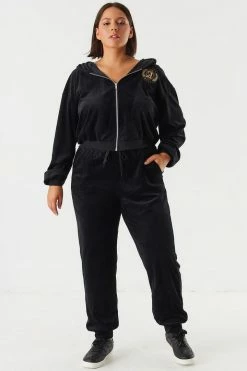 Urban Ladies Plus Plus Size Velour Rhinestone Graphic Angel Jogger Bottoms