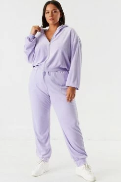 Urban Ladies Plus Plus Size Velour Rhinestone Graphic Jogger Bottoms