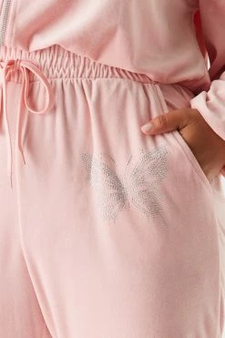 Urban Ladies Plus Plus Size Velour Rhinestone Graphic Butterfly Jogger Bottoms