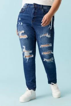 Stitches Ladies Bottoms Plus Size Distressed Dark Wash Boyfriend Jean