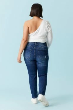 Stitches Ladies Bottoms Plus Size Distressed Dark Wash Boyfriend Jean