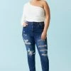 Stitches Ladies Bottoms Plus Size Distressed Dark Wash Boyfriend Jean