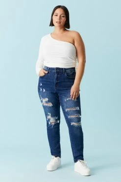 Stitches Ladies Bottoms Plus Size Distressed Dark Wash Boyfriend Jean