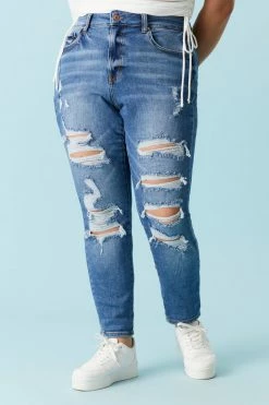 Stitches Ladies Plus Size Distressed Medium Wash Boyfriend Jean
