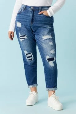 Stitches Ladies Bottoms Plus Size Repaired Dark Wash Mom Jean