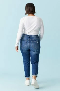 Stitches Ladies Bottoms Plus Size Repaired Dark Wash Mom Jean