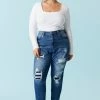 Stitches Ladies Bottoms Plus Size Repaired Dark Wash Mom Jean