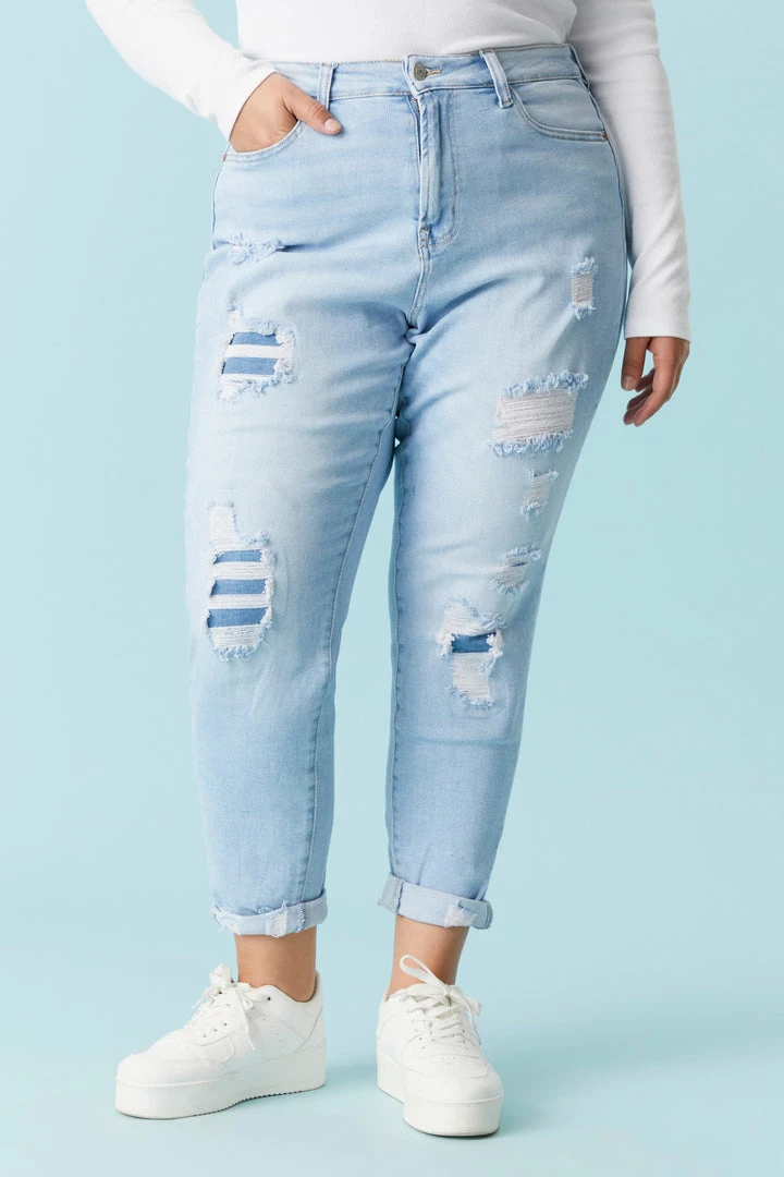 Stitches Ladies Plus Size Repaired Light Wash Mom Jean 2 Stitches Ladies Plus Size Repaired Light Wash Mom Jean
