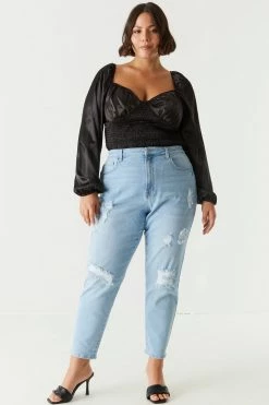 Stitches Ladies Bottoms Plus Size High Rise Distressed Mom Jean