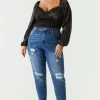 Stitches Ladies Bottoms Plus Size High Rise Distressed Mom Jean