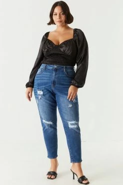 Stitches Ladies Bottoms Plus Size High Rise Distressed Mom Jean