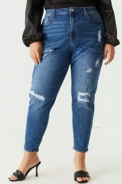 Stitches Ladies Bottoms Plus Size High Rise Distressed Mom Jean